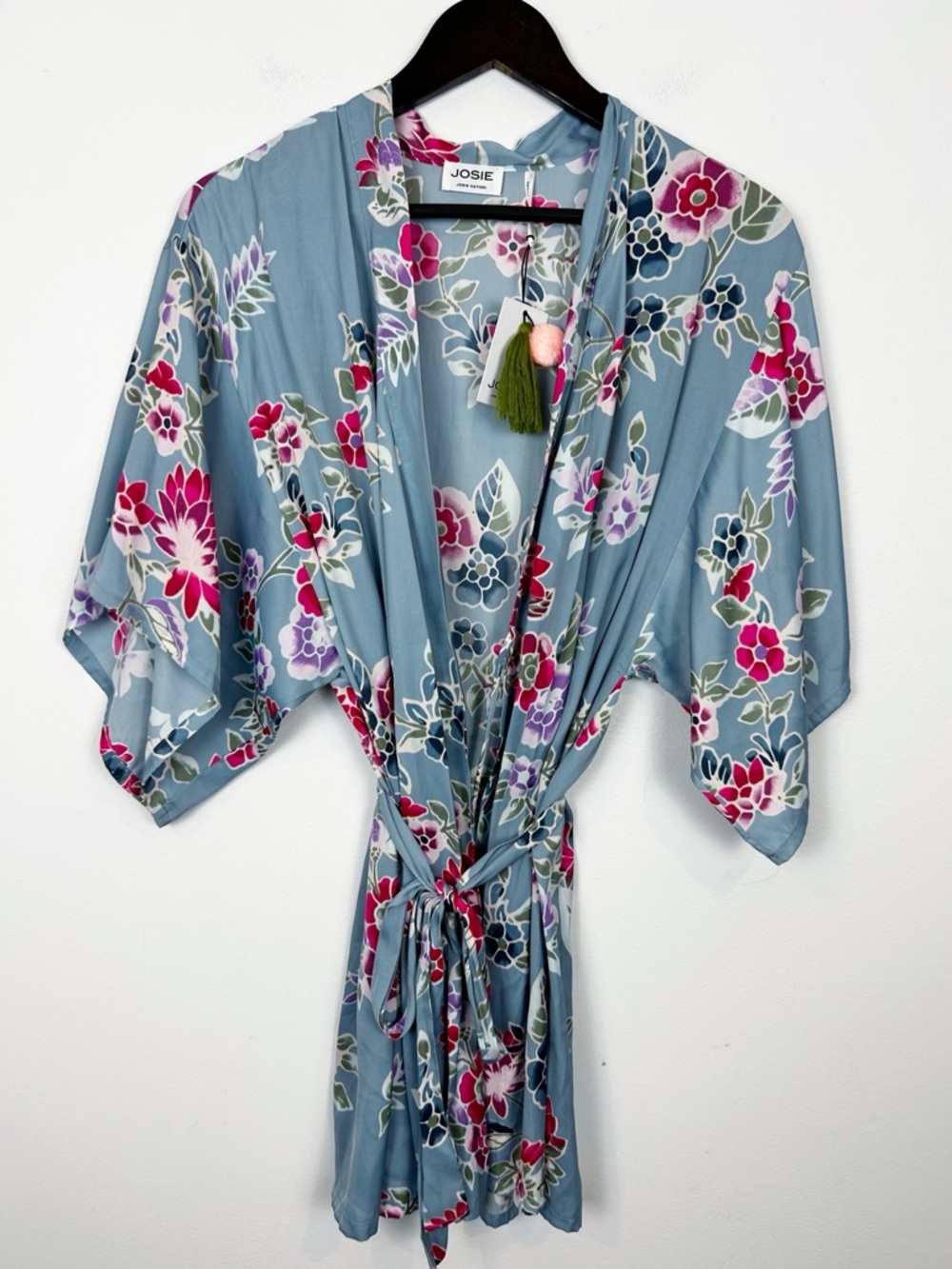 Josie Natori Floral Kimono Robe in Dusty Blue and Pink Size X-Small